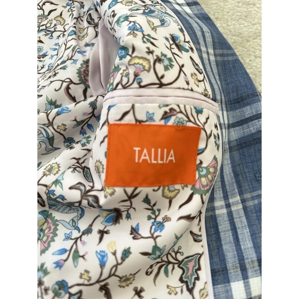 TALLIA Men's Modern-Fit Blue 100% Linen Plaid Sport Coat Size 36S
